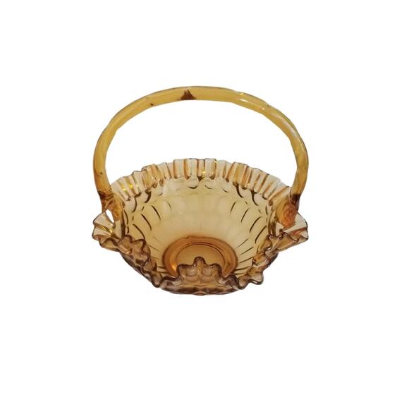 Fenton amber Glass Thumbprint Ruffle Basket with applied Handle - Picture 5 of 9